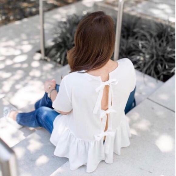 Hinge White Triple Tie Back Blouse Size Small Peplum Chic - Picture 6 of 8